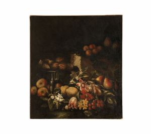 Lombardischer Meister, 17. Jh. Interessantes Gemälde "Stillleben mit Früchten und Blumen"